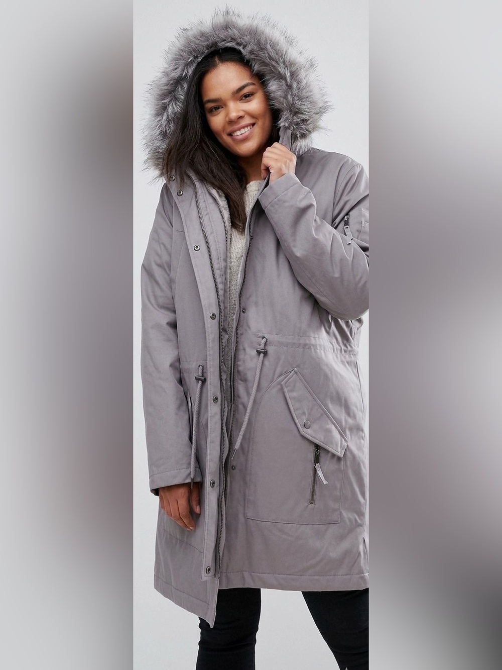 ASOS CURVE Grey Parka - Detachable Faux Fur - Heavy Coat - Internal Quilted Vest